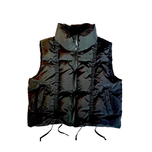 Black Poof Puffer Vest Ruched Tie Drawstrings - Picture 1 of 5